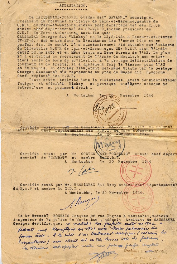 Georges Caussanel: Attestations d'appartenance au 2ème Bureau de l'A.S, au N.A.P, au S.R des M.U.R