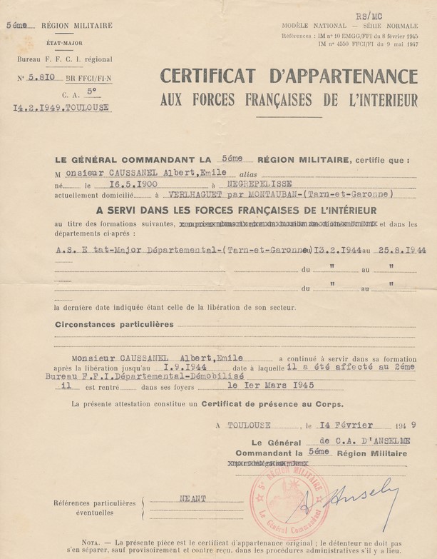 Emile Caussanel: certificat d'appartenance F.F.I