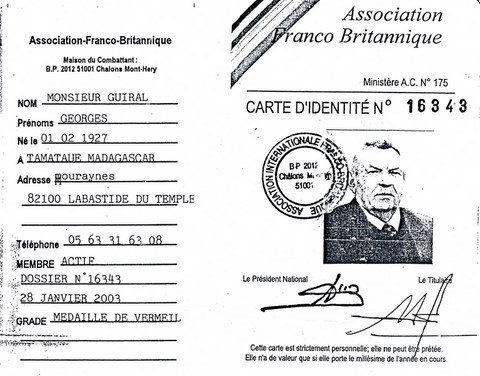 Carte d'identité association Franco Britannique Georges Guiral