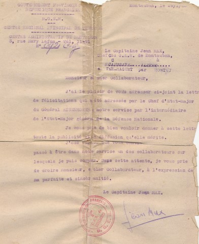 Emile Caussanel: lettre de la D.G.E.R