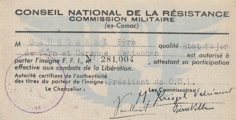Emile Caussanel: attestation d'appartenance F.F.I